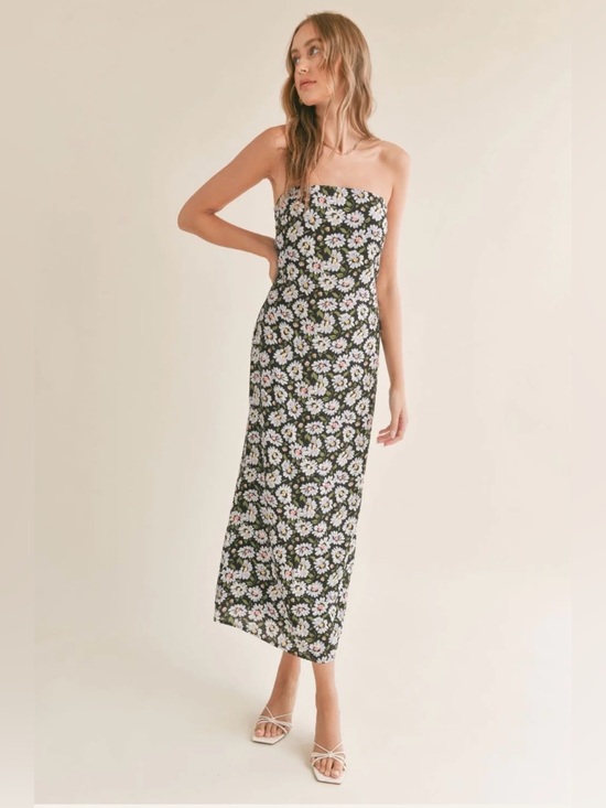 Sadie & Sage Dresses & Skirts - Sadie & Sage Black Cottage-Core Daisy Side Slit Strapless Maxi Dress Size Small